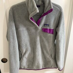 Patagonia Heather Gray Fleece with Purple Trim